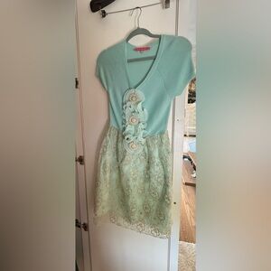 Mint Floral-Appliqué V-Neck Mini Dress